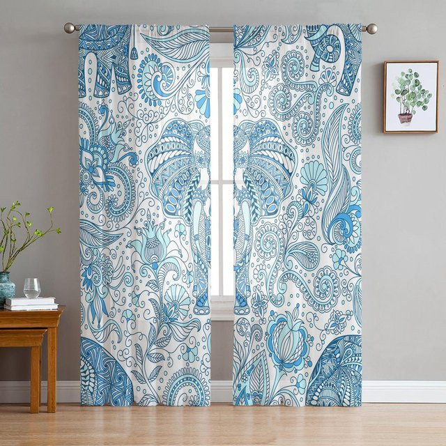 Transparente Organza-Vorhänge mit floralem Elefanten-Blumen-Muster in Weiß, Breite: 135 cm, Höhe: 115 cm - Bild 1