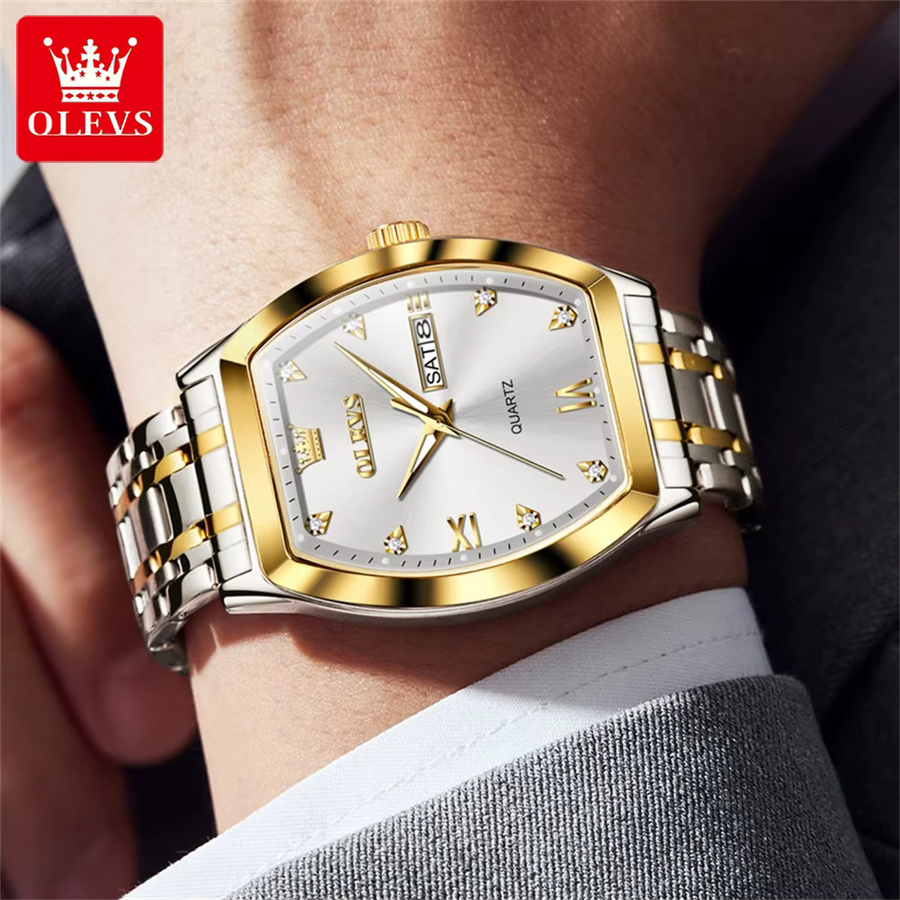 OLEVS Armbanduhr Quarz, Edelstahl, Gold, Diamant, Tonneau, Herren - Bild 4