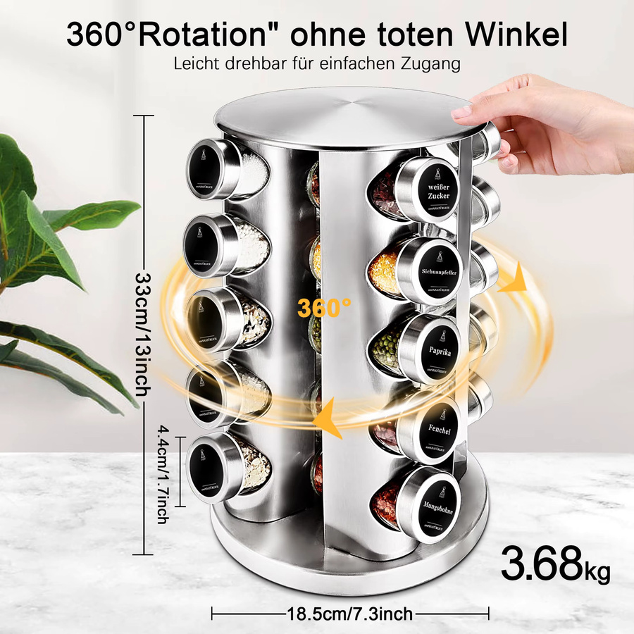 SAEIV Drehbares Gewürzregal-Set mit 12 luftdichten Glasbehältern à 120 ml, 360 Grad Edelstahl-Organizer in Silber und Transparent - Bild 3