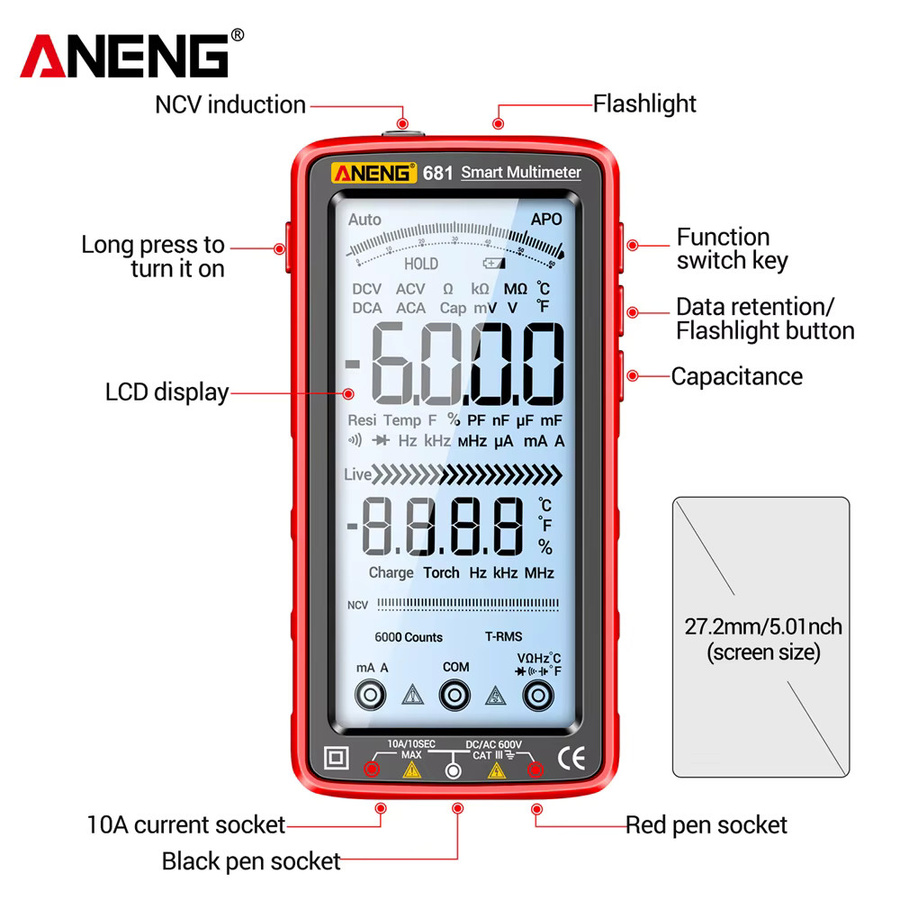ANENG 681 Intelligentes Digitalmultimeter in Rot mit automatischer Messbereichswahl, AC/DC-Spannungs- und Strommessung sowie NCV-Induktionstester und großem Bildschirm - Bild 4