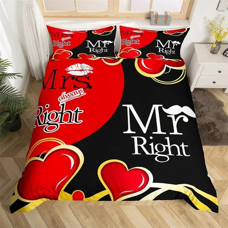 Bettwäscheset Mr. Mrs. aus Mikrofaser mit romantischem Hochzeitsthema und Liebesherzen, Kingsize Bettbezug-Set für Queen-Betten, B/H: 210 x 210 cm - Bild 1