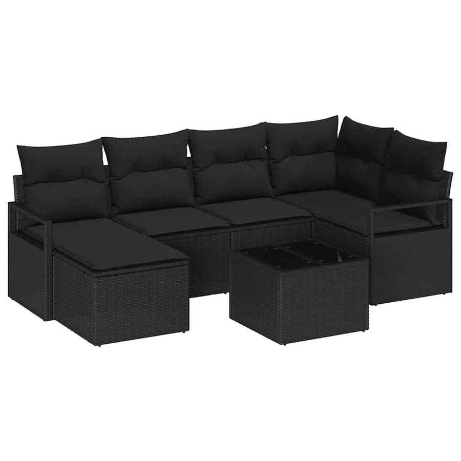 vidaXL Garten-Sofa-Set 7-teilig aus Polyrattan in Schwarz mit Polsterkissen und Tisch, L-Form, modern und UV-beständig - Bild 2