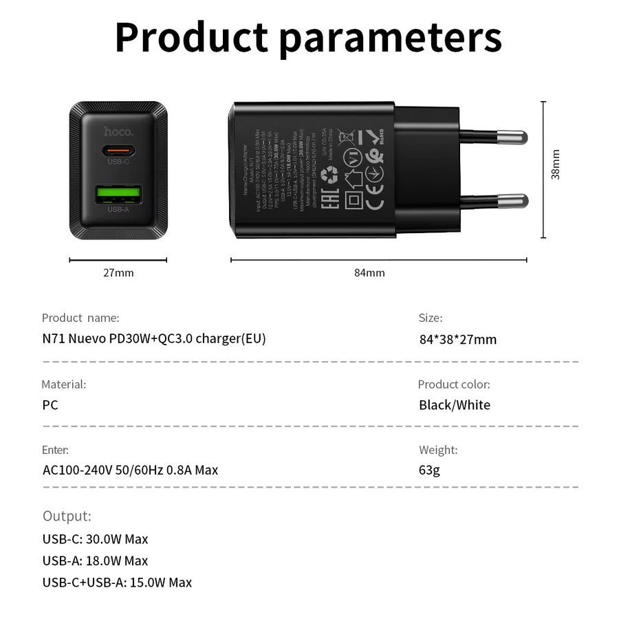 HOCO N71 EU Schnellladegerät mit PD 30W und QC 3.0 Dual-Ports USB-A und USB-C Wandadapter in Schwarz - Bild 3