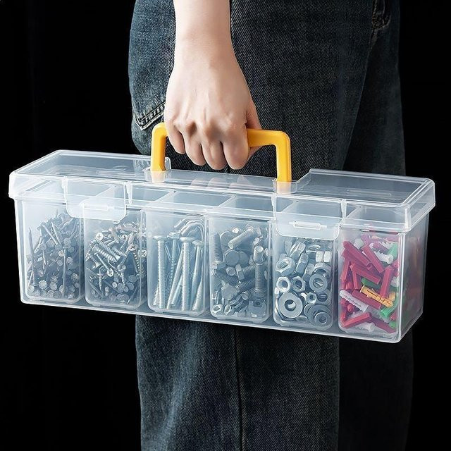 HUXUAN Mehrkammer-Werkzeug-Aufbewahrungsbox aus Kunststoff, transparenter Kleinteile-Organizer für Schrauben und Zubehör, B/T/H: 24,0 x 9,1 x 6,0 cm - Bild 1