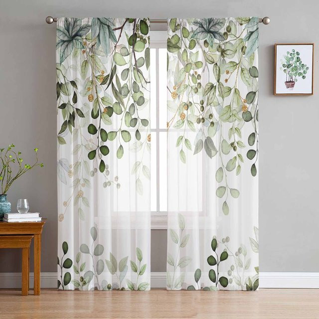 Transparente Tüll Voile Vorhänge mit abstraktem salbeigrünem Blätter- und Zweigmuster von Household supplies MH, Farbe: Transparent/Grün, B: 135 cm, H: 115 cm - Bild 1