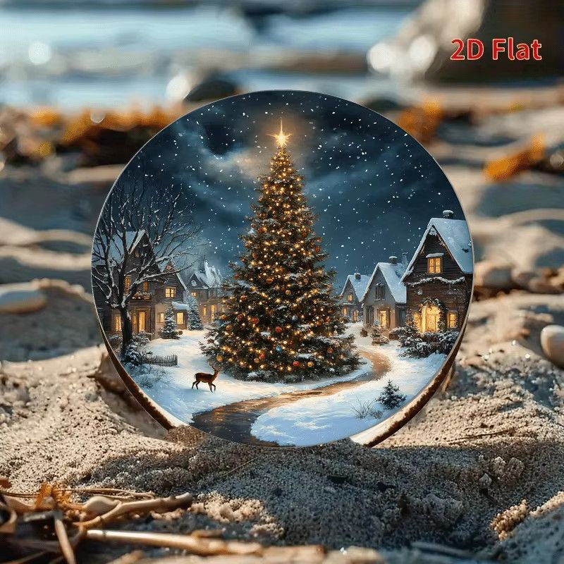 Potdemiel Vintage-Wandkunst aus Aluminium mit Weihnachtsbaum und verschneiter Dorfszene, rund, Durchmesser: 20,3 cm - Bild 2