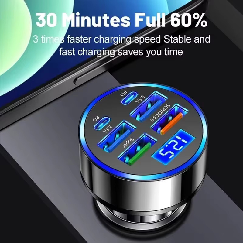 UYUXIO 6-in-1 USB-C Autoladegerät Adapter mit Voltmeter und Spannungsanzeige für iPhone und Samsung - Bild 2