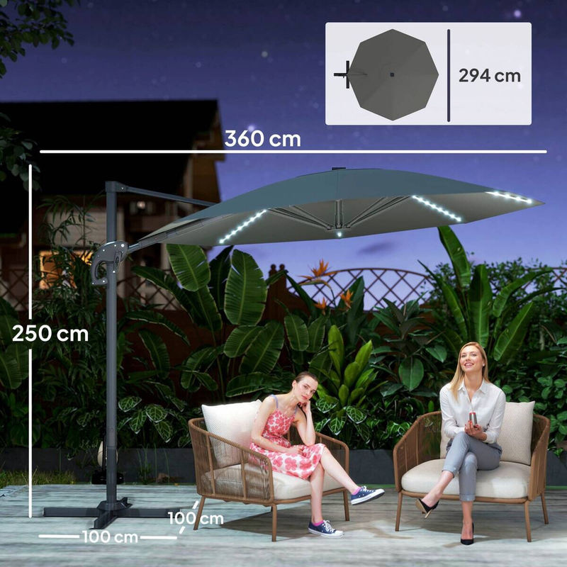 Outsunny Ampelschirm mit LED Solar und Kurbel, Aluminium und Fiberglas, Dunkelgrau, Durchmesser: 300 cm, B/H/L: 294 x 250 x 360 cm - Bild 4