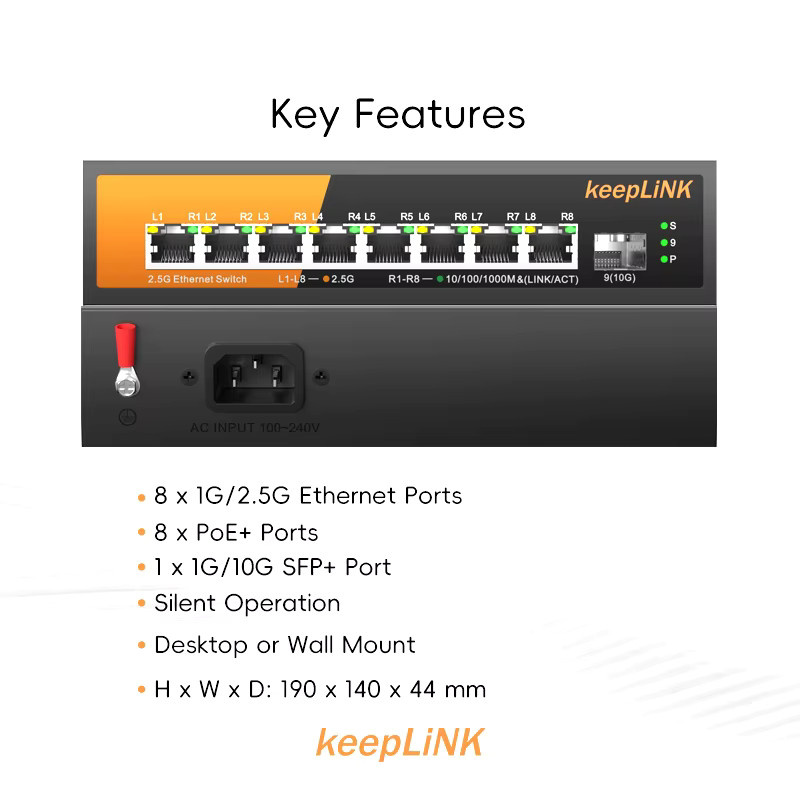 Keeplink 9-Port Multi-Gigabit Ethernet Switch mit 8x 2,5 GB PoE-Ports und 1x 10 GB SFP, unmanaged Plug-and-Play, Schwarz - Bild 2
