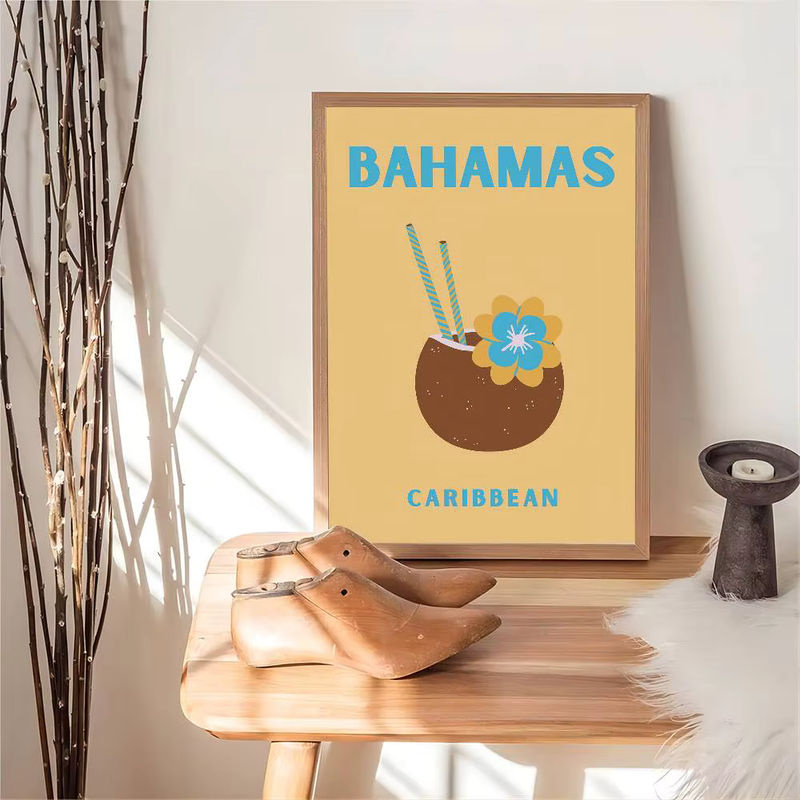 Island Travel Vintage Poster mit floralem Motiv in Mehrfarbig, Rechteckiges Wandbild aus Papier mit Holzrahmen im Hochformat - Bild 6