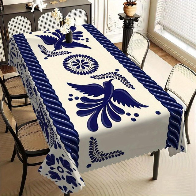 Vintage Tischdecke mit Blumenmuster von Fancy Style Studio in Blau-Weiß, B/B: 140 x 200 cm - Bild 1