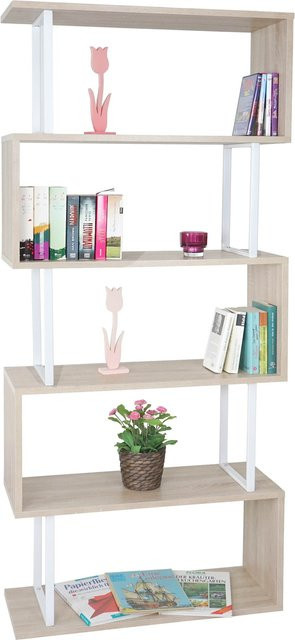 Bücherregal MCW-A27 in Eiche-Optik mit 5 Ebenen und 3D-Struktur, Farbe Weiß/Braun, H: 183 cm, B: 80 cm, T: 80 cm - Bild 1