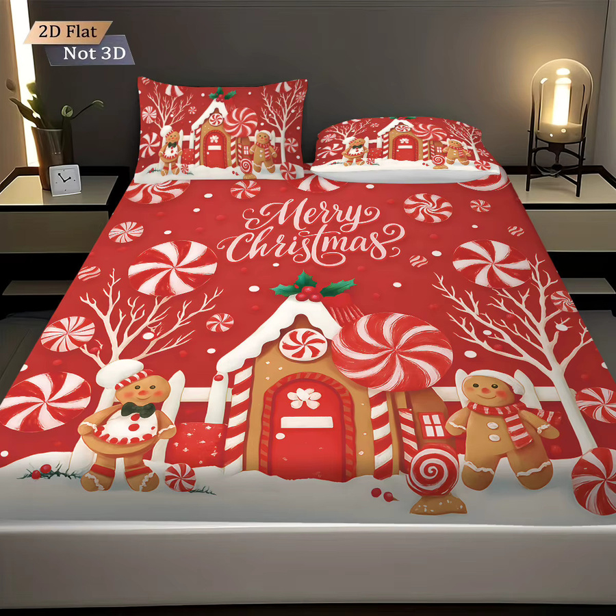 3-teiliges Weihnachtsbettwäsche-Set mit Süßigkeiten-Haus-Print in Rot, weiches Bettlaken-Set für dein Schlafzimmer - Bild 2