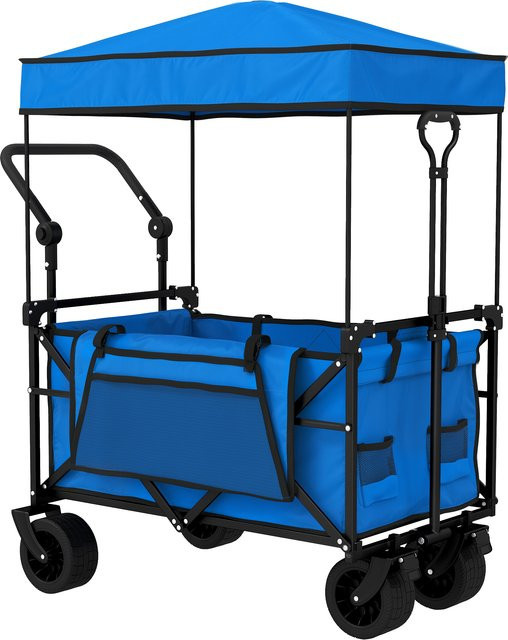 Outsunny Strandwagen mit großen Rädern und Bremse, klappbarer Gartenwagen mit Verdeck und Getränkehalter, Blau - Bild 1