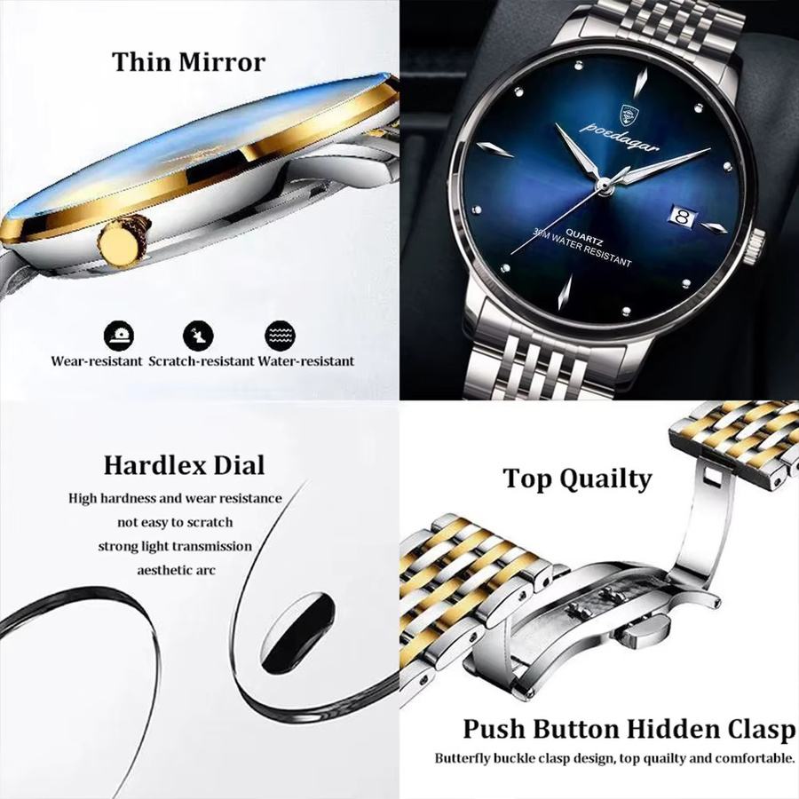 POEDAGAR Armbanduhr Quarz, Edelstahl, Blau, Herren - Bild 3
