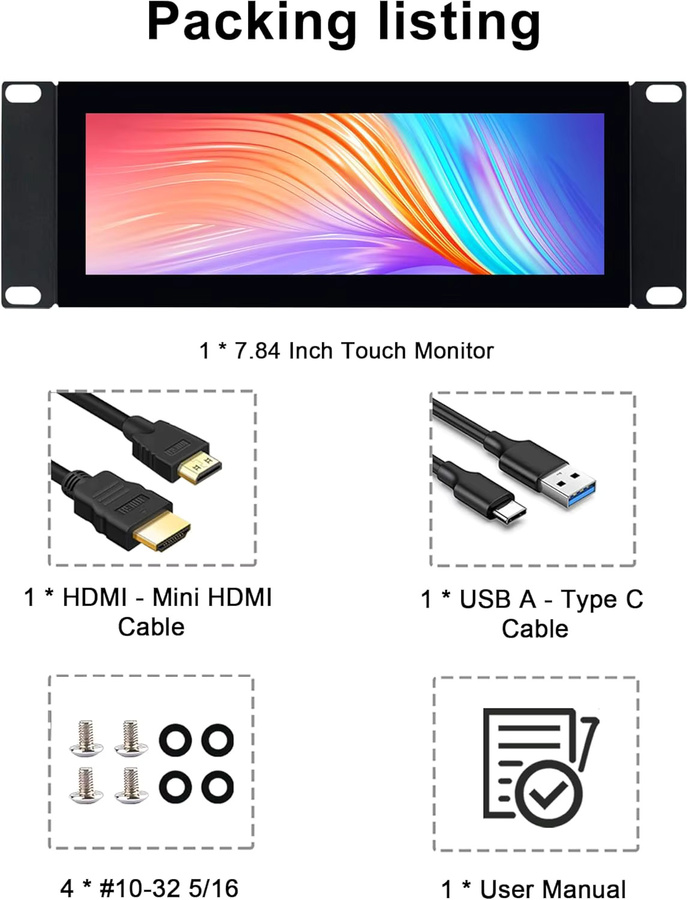 Wisecoco 7,84 Zoll Rack-Mount Touchmonitor in Schwarz, 1280x400 Bar-LCD-Display für 10 Zoll 2U Rack-Servergehäuse - Bild 6