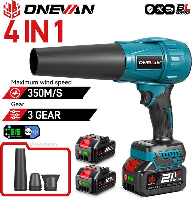 ONEVAN Bürstenloses elektrisches Turbo Gebläse Jet Fan mit 4 Düsen als Laubbläser und Staubbläser für Makita 18V Akku, 3500 W, 350 m/s - Bild 1