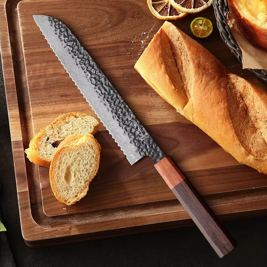 TUEWHO Brotmesser aus Damaststahl, handgefertigtes geschmiedetes Kochmesser mit 21,59 cm Klingenlänge, Silber - Bild 2