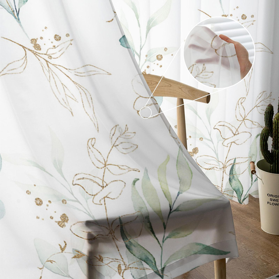 Tonnika Chen Lichtfilternde Voile Vorhänge aus Polyester mit Eukalyptus-Blattmuster in Grün, B: 100 cm, H: 130 cm, 2er-Set - Bild 2