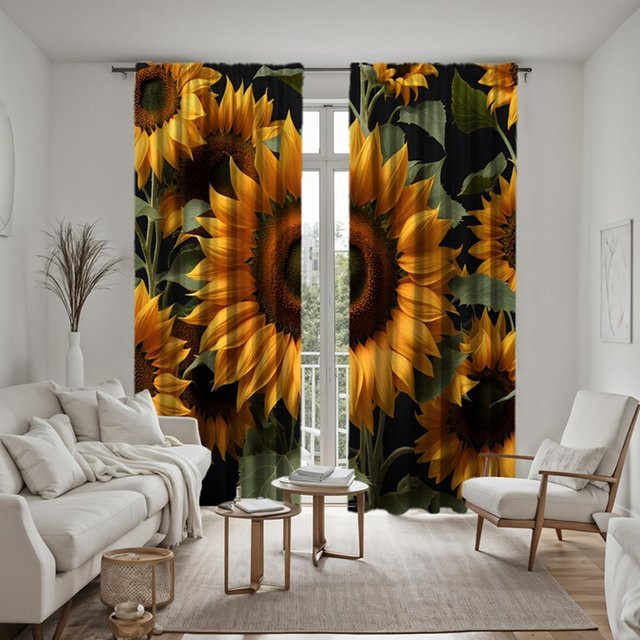 2er-Set Sonnenblumen-Vorhänge mit grünem Blättermuster und gelben Blüten, digital bedruckt, halbtransparent, Farben: Grün, Gelb, Braun, B: 132 cm, H: 160 cm - Bild 1