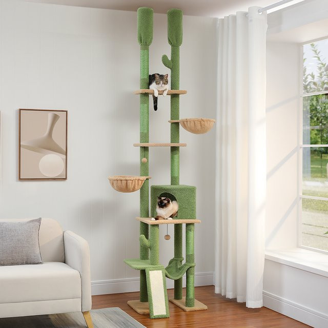 PEQULTI Kratzbaum für den Innenbereich in Grün mit Sisal-Elementen, höhenverstellbarer Katzenturm mit Hängematte und integriertem Spielzeug - Bild 1
