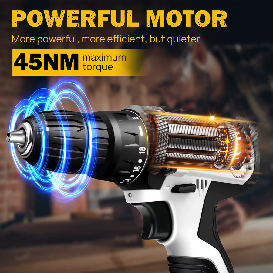 Kompakter Akku-Elektroschrauber und Handbohrer-Set mit 16,8V, 45 N.m Drehmoment, LED-Licht und 1,5Ah Akku inklusive Plastikbox - Bild 3