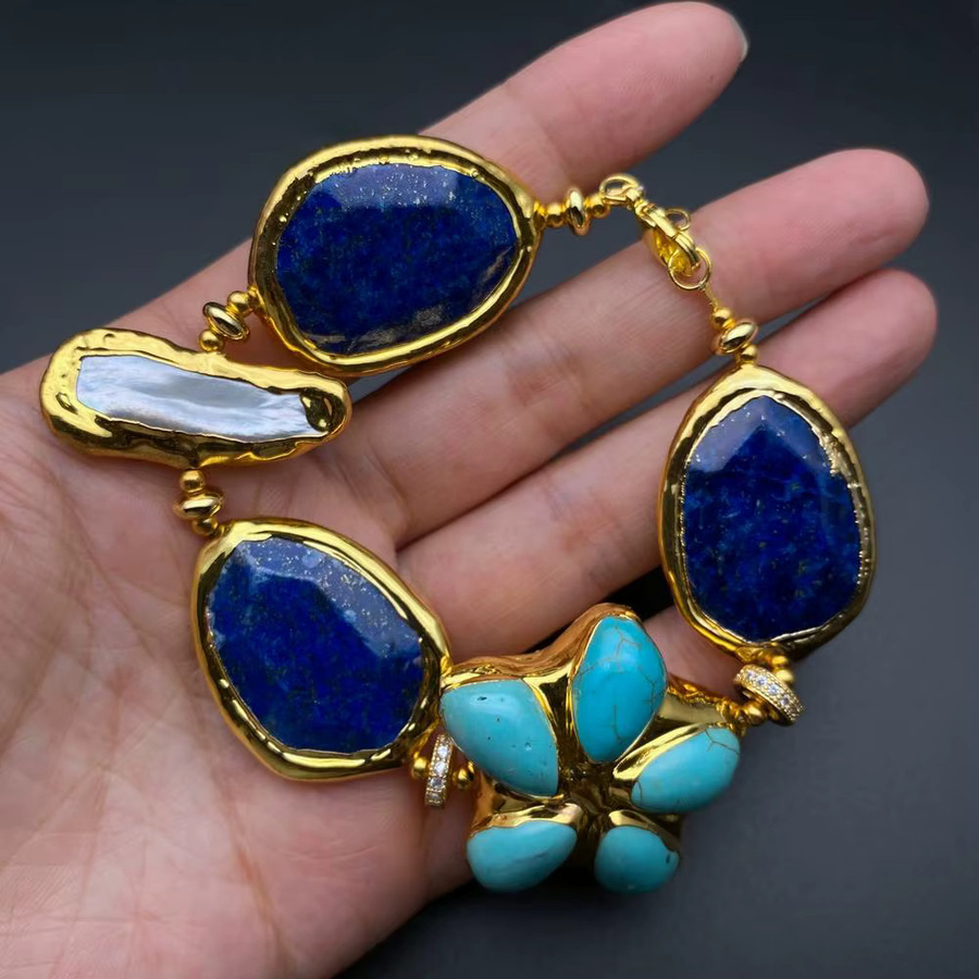 YYGEM Armband, Blaues Lapislazuli, Türkis-Blume, weiße Biwa-Perle, Gold - Bild 4
