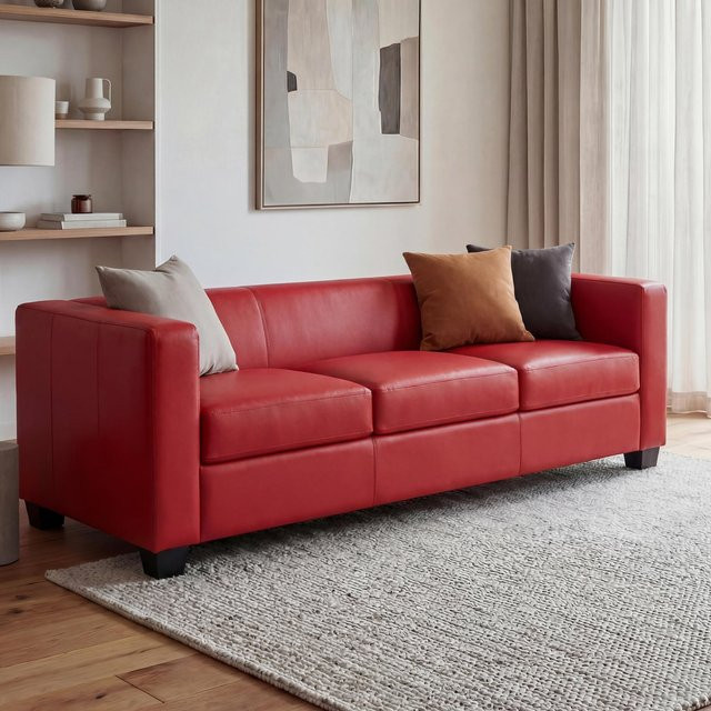 MCW 3er Sofa Lille aus Leder in Rot mit Massivholzrahmen im modernen Lounge-Stil, B/T/H: 191 x 75 x 75 cm - Bild 1