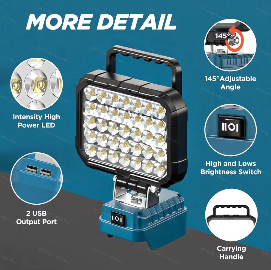 Makita LED Arbeitsleuchte und tragbare Laterne mit USB-Taschenlampe für 18V 21V Li-Ionen-Akkus, Schwarz - Bild 4