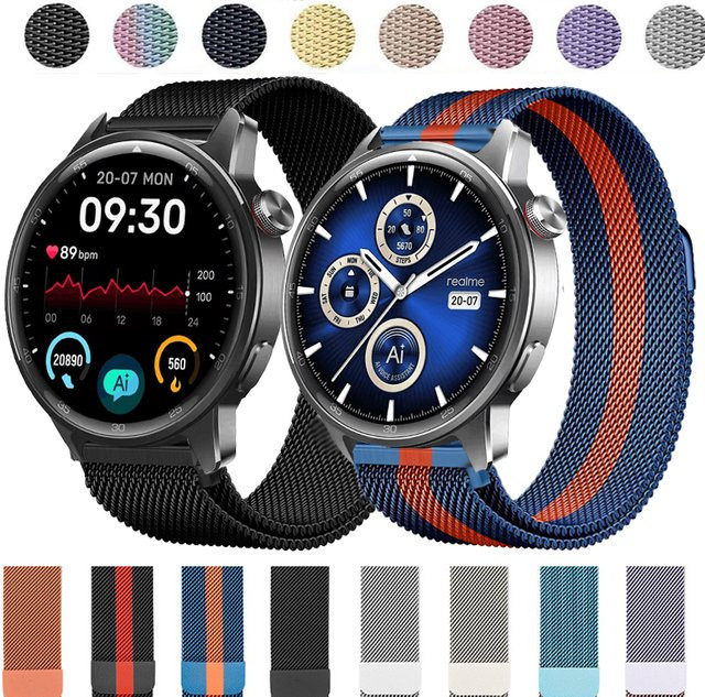 Realme Uhrenarmband Milanaise, Edelstahl, Schwarz, Unisex, 22 mm - Bild 1