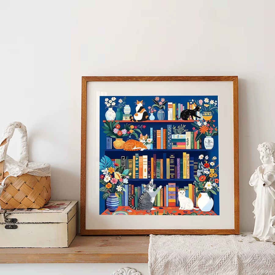 Huacan 5D-Diamantgemälde zum Selbermachen mit Katze und Blumen auf einem Bücherregal, buntes Diamantmosaik in moderner Optik, Breite: 20 cm, Höhe: 20 cm - Bild 3