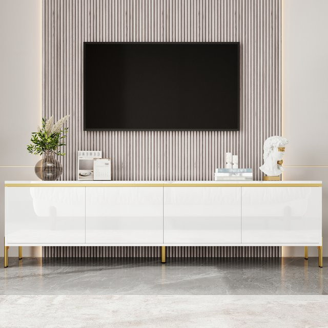 PINGGO Moderner Hochglanz-TV-Ständer in Weiß mit Goldkantenband und 4 Schranktüren für dein Wohnzimmer - Bild 1
