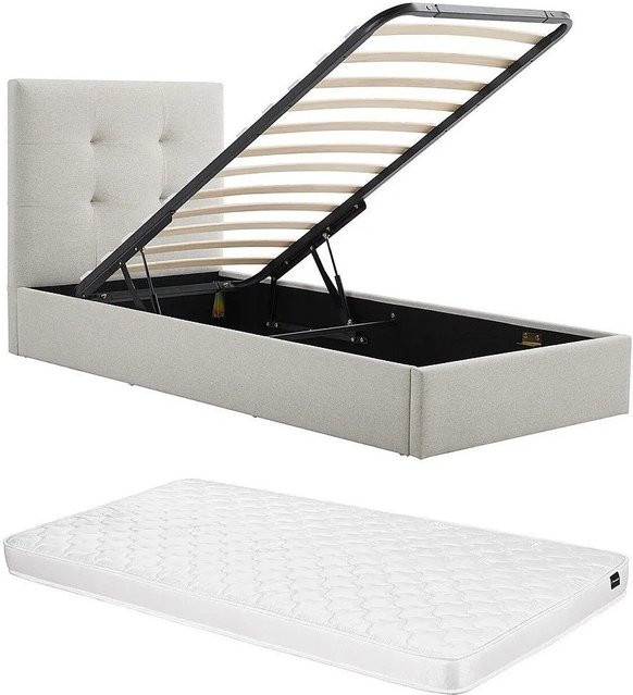 Calinida Bett mit Bettkasten in Beige im Art Déco Stil, Breite: 98 cm, Höhe: 101 cm, Tiefe: 201 cm - Bild 1