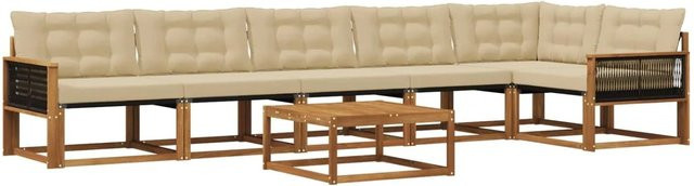 vidaXL Outdoor-Sofagarnitur L-Form aus Akazienholz mit 7 Kissen in Natur und Beige - Bild 1