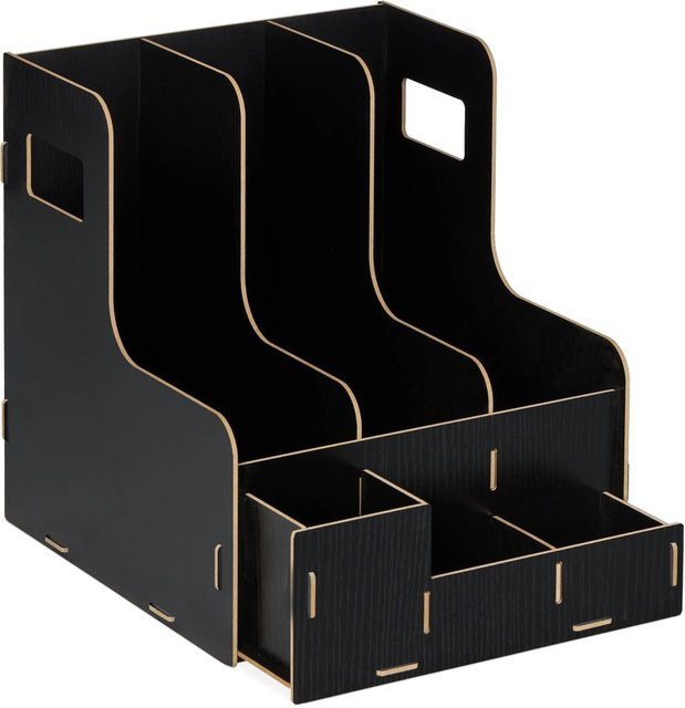 Relaxdays Stehsammler aus MDF mit 3 Fächern und Utensilienbox, Schwarz, B/T/H: 27 x 24 x 31,5 cm - Bild 1