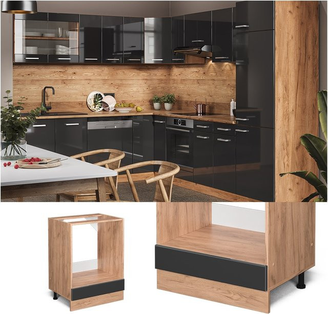 Vicco Herdumbauschrank R-Line Küchenschrank in Anthrazit und Goldkraft mit Eiche-Optik, Breite: 60 cm - Bild 1