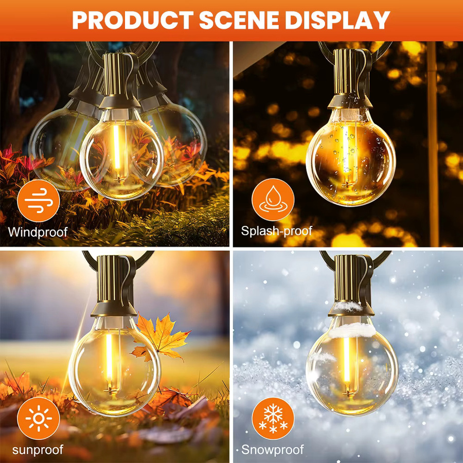 Aiopp Solar-Lichterkette für den Außenbereich mit RGB LED Globe Glühbirnen, USB- und solarbetrieben, IP44 wetterfest, Vintage Filament Design, Schwarz, Transparent - Bild 2