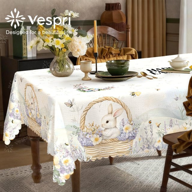 Vespri Oster-Tischdecke mit Blumen, Hasen und Schmetterlingen in Weiß und Hellgrün aus Polyester - Bild 1