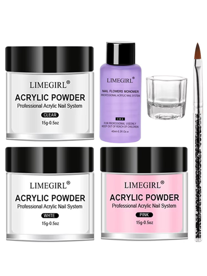 LIMEGIRL Nagel-Acrylpulver und Monomer-Set, rosa, weiß, transparent, glänzend - Bild 4