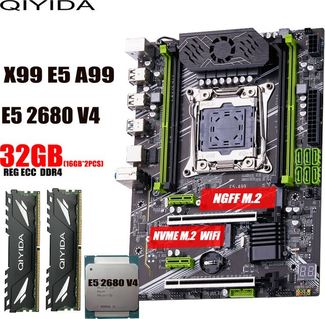 QIYIDA X99 Motherboard-Set mit Xeon E5 2680 V4 Prozessor, 32GB DDR4 3200MHz RAM, ATX, Schwarz - Bild 1