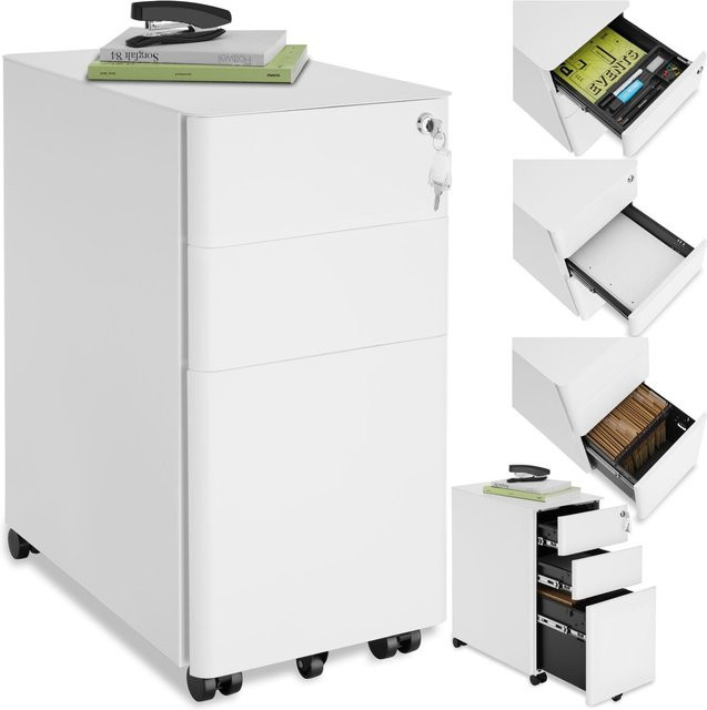 tectake Aktenrollschrank aus pulverbeschichtetem Stahl in Weiß mit Rollen und Schloss, B/T/H: 30 x 50 x 59,5 cm - Bild 1