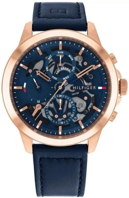 Tommy Hilfiger Herrenuhr, Quarz, Edelstahl, Leder, 44 mm, Blau, Roségold - Bild 1
