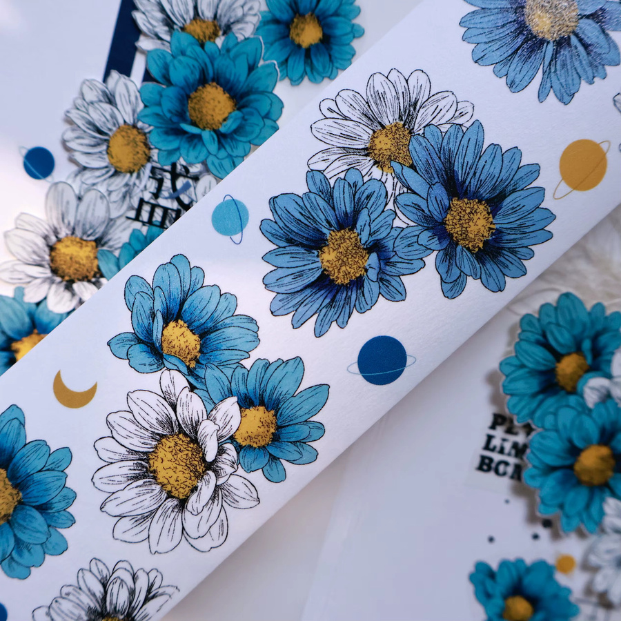 VanGogh Garden Washi Tape mit blauem Chrysanthemen-Blumenmuster und PET-Aufklebern - Bild 5