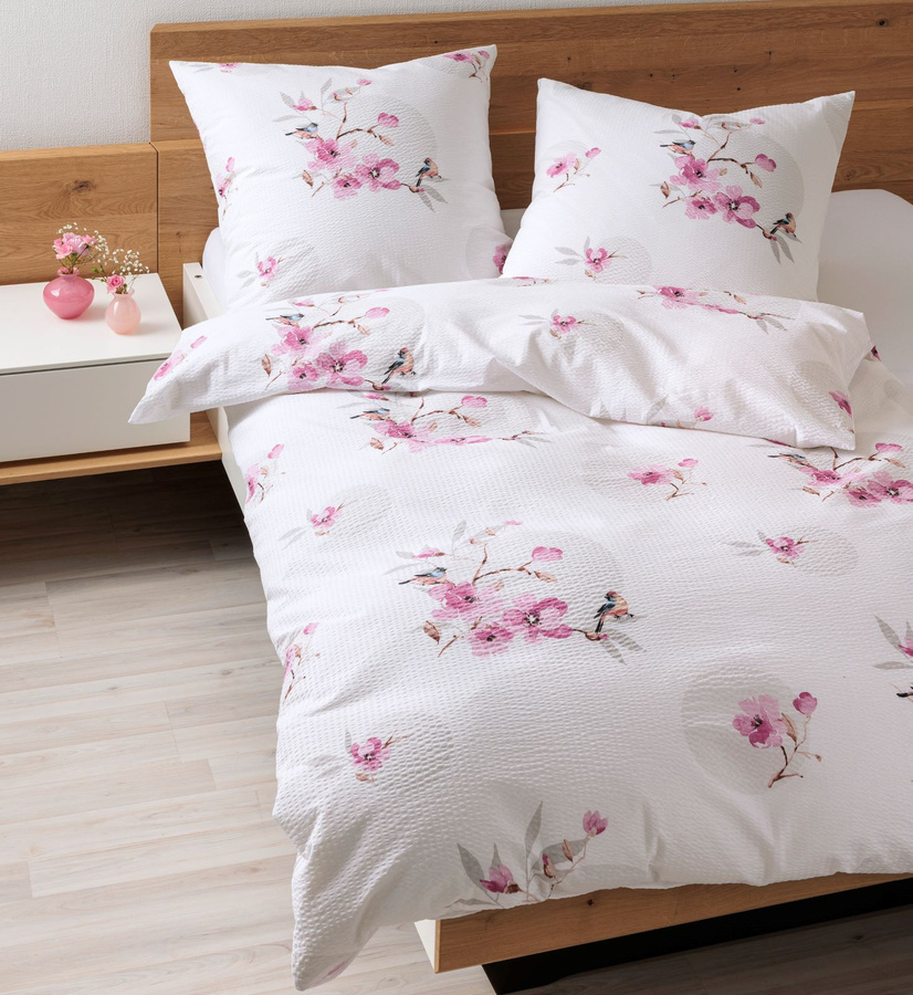 Janine Baumwoll Bettwäsche Tango Floral in Pink und Weiß mit Reißverschluss, B/H: 155 x 220 cm - Bild 1