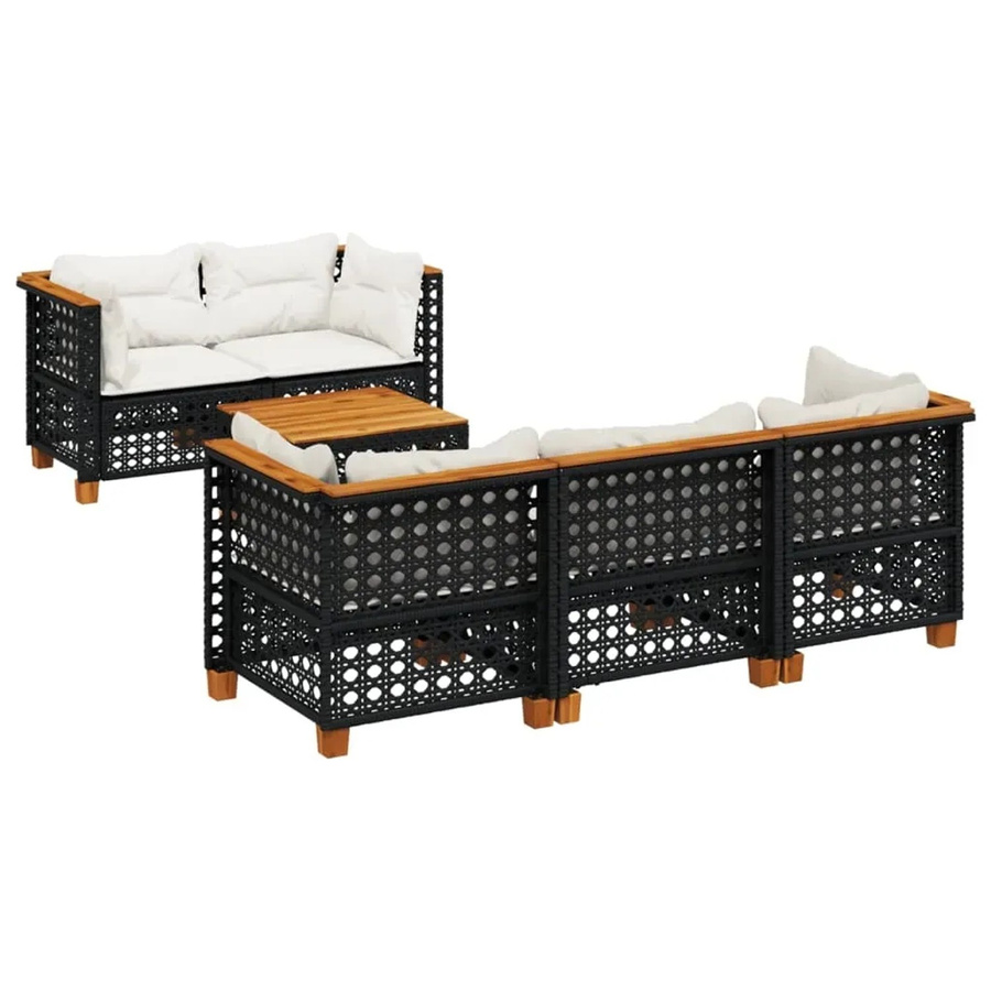vidaXL 6-teilige Garten-Sofagarnitur aus Poly-Rattan und Akazienholz in Schwarz mit cremeweißen Kissen - Bild 2