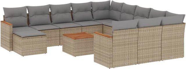 vidaXL 13-tlg. Garten-Sofagarnitur in L-Form aus Poly-Rattan und Akazienholz mit Kissen, Beige/Grau - Bild 1