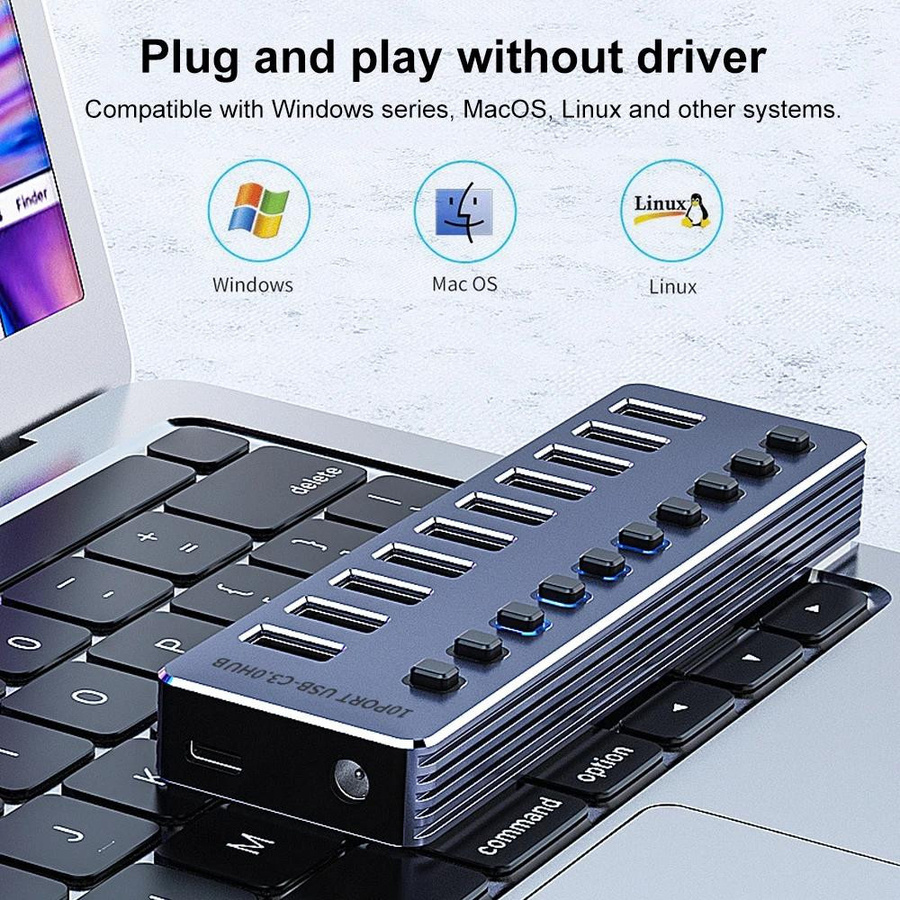 ORICO USB 3.0 Hub mit 10 Ports und Ein/Aus-Schalter, grauer USB-Splitter mit EU-Netzadapter für Laptop - Bild 6