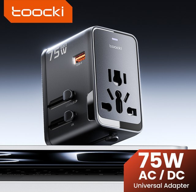 Toocki 75W GaN Internationaler Reiseadapter in Schwarz mit 3 USB-C und 1 USB-A Anschlüssen für EU, US, UK und AUS - Bild 1