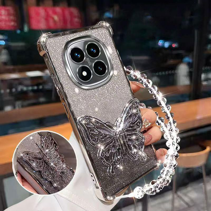 Stoßfeste Handyhülle mit Glitzer-Beschichtung und Schmetterlings-Design für Xiaomi Redmi Note 14 Pro Plus 5G sowie Redmi 15 15C 14C in Rosa inklusive Armband - Bild 1