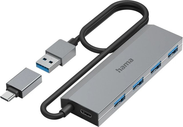 Hama USB-Hub mit 4 Ports USB 3.2 Gen1 5 Gbit/s inkl. USB-C-Adapter und Netzteil in Grau - Bild 2